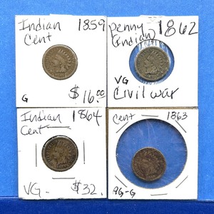 lot 284 image: 4-Piece Indian Cent Lot  1859, 1862, 1863, 1864