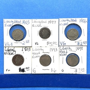 lot 285 image: 6-Piece Liberty Head Nickel Lot  Mixed Dates 18931903