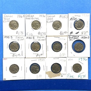 lot 290 image: 12-Piece Buffalo Nickel Lot  Mixed Dates 19351937