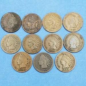 lot 43 image: 11 Indianhead Cents-1880, 1881, 1882, 1883, 1884, 1885, 1886, 1887, 1892, 1893, 1894
