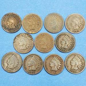 lot 44 image: 11 Indianhead Cents-1880, 1881, 1882, 1883, 1884, 1885, 1886, 1887, 1892, 1893, 1894