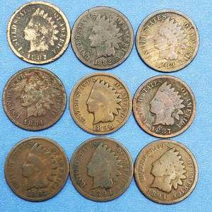 lot 45 image: 9 Indianhead Cents-1881, 1882, 1883, 1884, 1886, 1887, 1892, 1893, 1894