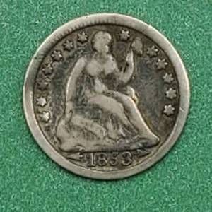lot 130 image: 1853 Silver Seated Liberty Half Dime with Arrows