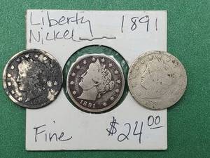 lot 143 image: 1891 Liberty V-Nickel in Fine, plus 1895 & 1894 Liberty V-Nickels