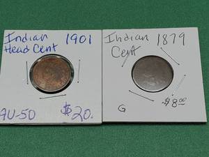 lot 145 image: 1901 Indianhead Cent AU50 & 1879 Indianhead Cent Good
