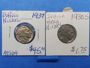 lot 158 image: 1937 Buffalo Nickel Marked MS64 & 1930-S Buffalo Nickel