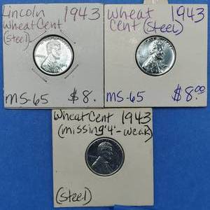 lot 165 image: (3) 1943 Steel Lincoln Cents in Mint State--One has a weak 4