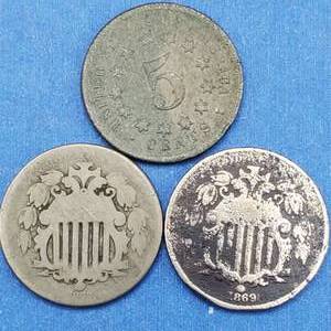lot 177 image: (3) Shield Nickels--(2) 1867 wo Rays & (1) 1869