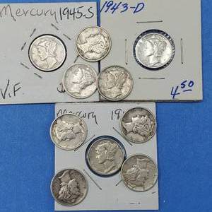 lot 182 image: 10 Mercury Dimes VF or Better--90% Silver