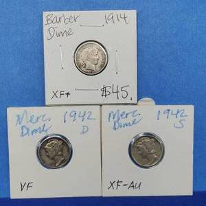 lot 186 image: 1914 Barber Dime XF, 1942-S Mercury Dime XF & 1942-D Mercury Dime