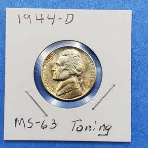 lot 197 image: 1944-D Jefferson Nickel Marked MS63--Toning & Die Crack