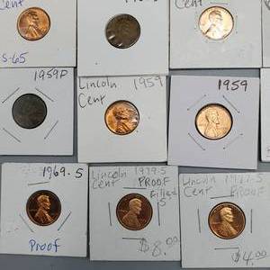 lot 371 image: 96 COPPER Memorial Cents 1959-81--Includes 7 Proofs--Many S Mint Marks & BU Coins