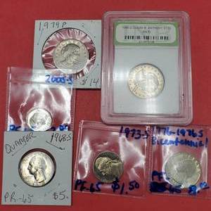 lot 385 image: 1979-P Far Date & 1980-D MS70 SBA Dollars &4 Proofs