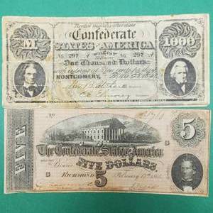 lot 390 image: 2 Confederate Notes--Five & 1000