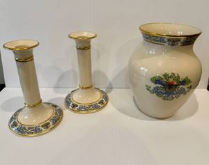 lot 18 image: Lenox Autumn Collection Vase & Candle Holders -  24k Gold Trim