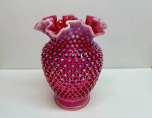 FENTON Hobnail Cranberry Pink Ruffled Edge Vase