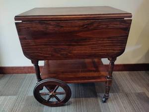 lot 33 image: Antique Wood Cart on Wheels wDropdown Shelves