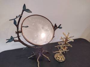 lot 47 image: Vintage Dragonfly Mirror  Two Gold Tone Earring Holders