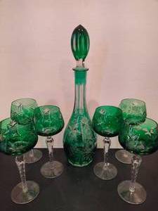 lot 51 image: HOCK AJKA Green Wine Goblets wMatching Decanter