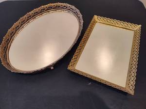lot 93 image: Vintage Gold Tone Mirrored Vanity Trays
