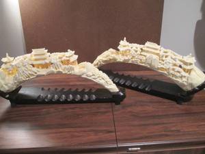 lot 28 image: Two Vintage Chinese Traditional Composite Hand Carved Plastic Horn W Wooden Stand