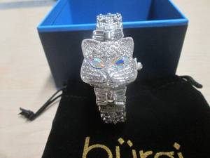 lot 86 image: 1 BURGI LADIES SILVER TONE MOTHER OF PEARL AND CRYSTAL CAT WATCH
