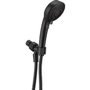 lot 32 image: Delta 7-Spray Patterns 1.75 GPM 4.19 in. Wall Mount Handheld Shower Head in Matte Black Customer Returns See Pictures