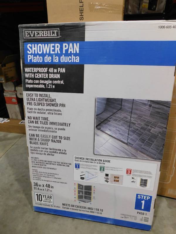 lot 169 image: Watershield Shower System 36 in. x 48 in. Waterproof Center Drain Shower Tray With Drain Assembly
