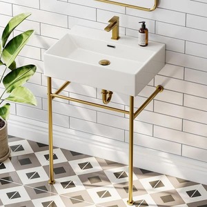lot 18 image: HOROW 24 in. Ceramic White Rectangular Bathroom Console Sink with Golden Legs and Overflow