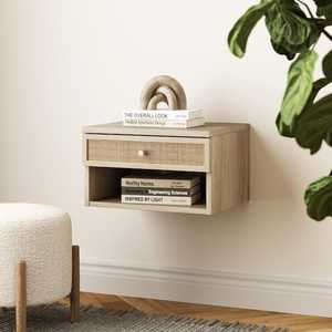 lot 28 image: Jackson 16 in. Wall Mounted Rattan Floating Bedroom Nightstand with Storage Drawer and Open Cubby, Light OakRattan