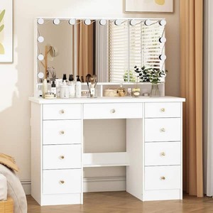 lot 33 image: White Modern Makeup Vanity Desk 9 Drawers Wood Dressing Table With 3 Mirrors, Hidden Storage Shelves, LED Bulb Lights