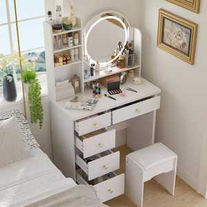 lot 54 image: FUFU&GAGA 5-Drawers White Makeup Vanity Sets Dressing Table Sets With Stool, Mirror, LED Light and 3-Tier Storage Shelves