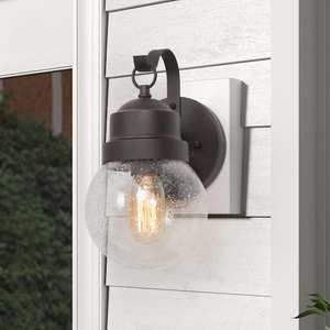 lot 65 image: 1-Light Rusty Bronze Outdoor Wall Sconce with Clear Seeded Glass Shade Farmhouse Front Door Lamp Garden Lights