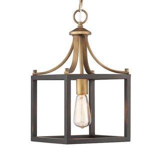 lot 74 image: Hampton Bay Boswell Quarter 9-14 in. 1-Light Vintage Brass Coastal Mini-Pendant with Painted Black Distressed Wood Accents