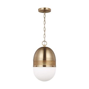lot 112 image: Generation Lighting Bea 1-Light Satin Brass Pendant Light with Smooth White Glass Shade
