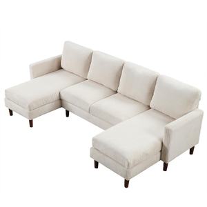 lot 128 image: Harper & Bright Designs 103 in. Straight Arm U shaped Corduroy Sectional Sofa in Beige with Solid Wood Legs