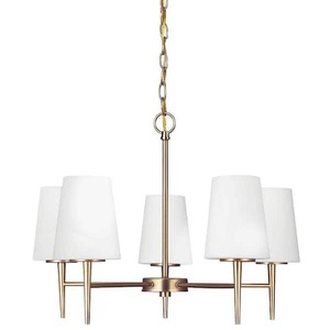 lot 182 image: Generation Lighting Driscoll 5-Light Satin Brass Mid-Century Modern Hanging Single Tier Chandelier with Inside Etched White Glass Shades