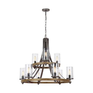 lot 227 image: Generation Lighting Angelo 9-Light Distressed Weathered Oak  Slate Grey Metal Rustic Farmhouse Wagon Wheel Chandelier with Clear Wavy Glass