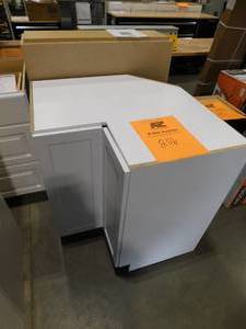 lot 206 image: Hampton Bay Designer Series Melvern Assembled 36x34.5x20.25 in. Lazy Susan Corner Base Kitchen Cabinet in White