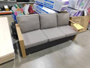 lot 220 image: Gymojoy Brown Wicker Outdoor Patio 3-Seat Sofa Couch with Gray Cushions