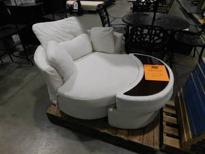 lot 222 image: Uixe Ivory Boucle Polyester Upholstered Swivel Accent Barrel Chair with Storage Ottoman and Pillows (Set of 1)