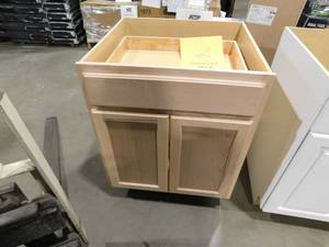 lot 244 image: Hampton Bay 27 in. W x 24 in. D x 34.5 in. H Assembled Base Kitchen Cabinet in Unfinished with Recessed Panel