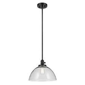 lot 31 image: KICHLER Avery 14 in. 1-Light Black Vintage Industrial Shaded Cone Kitchen Hanging Pendant Light with Clear Seeded Glass   Customer Returns See Pictures
