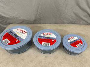 lot 35 image: 3 New Pyrex Colored Glass Food Storage Containers
