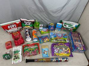 lot 98 image: Assorted Candy, Junior Mints, Bubblegum, Fruit Chews, Chocolate Covered Cherries, Star Wars Cup, Candy Blox, and More