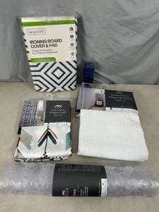 lot 129 image: New Bathmat, Shower Curtains, Ironing Board Cover, Curtain Rings