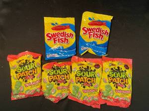 lot 62 image: V1 - Set of 6 Candy Packs - Swedish Fish & Sour Patch Kids Watermelon
