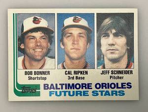 lot 50 image: 1982 Topps # 21 Cal Ripken Jr, Bob Bonner & Jeff Schneider Orioles Future Stars Rookie Card