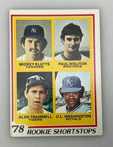 lot 64 image: 1978 Topps # 707 Rookie Shortstops Paul Molitor, Mickey Klutts, Alan Trammell, U.L. Washington Rookie Card
