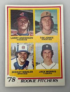 lot 78 image: 1978 Topps # 703 Rookie Pitchers Including Larry Anderson, Tim Jones, Mickey Mahler & Jack Morris